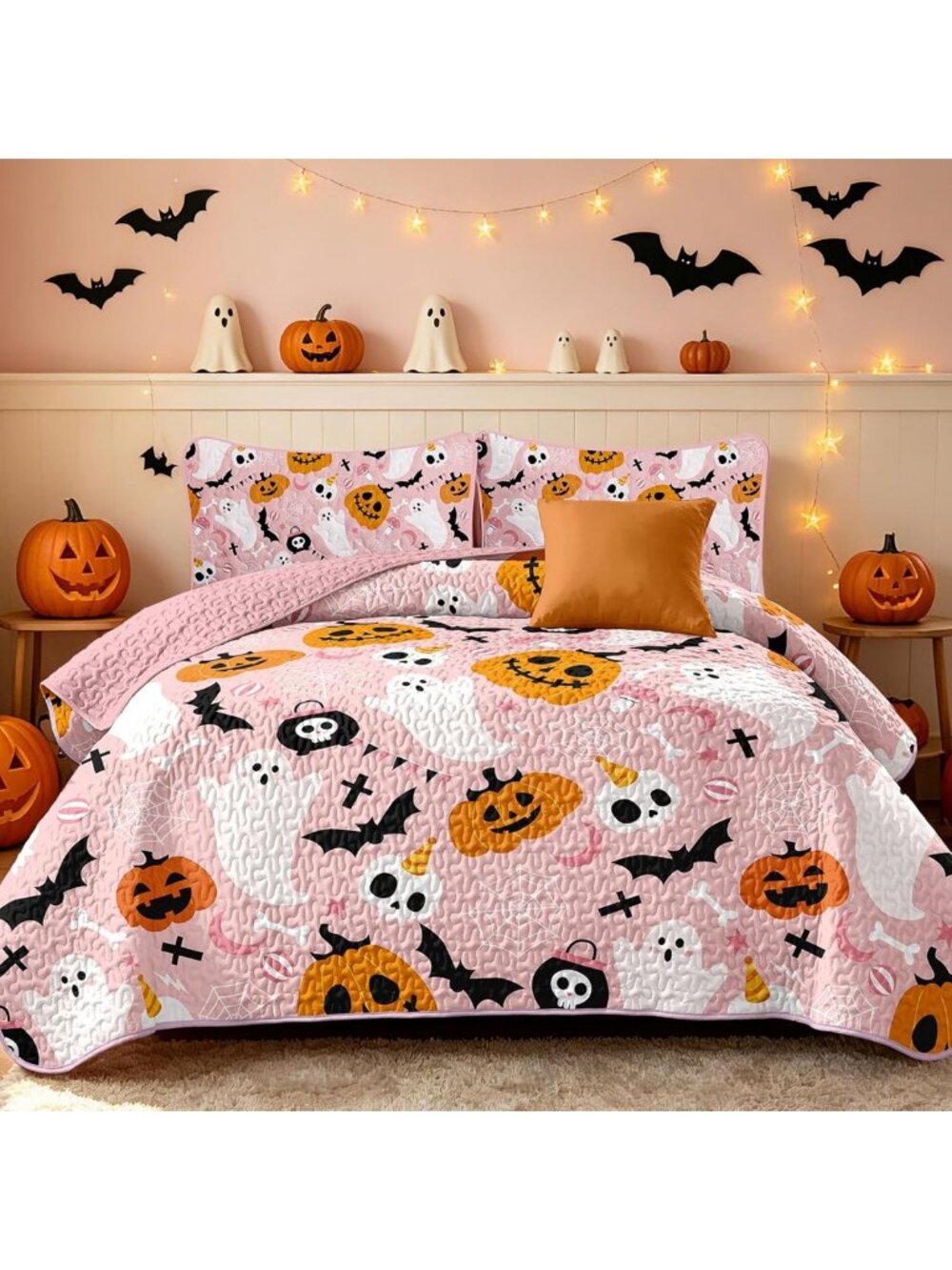 Cute Pink Pumpkin Ghost Bat Halloween Quilt Set - King Size, Cozy & Fun Decor